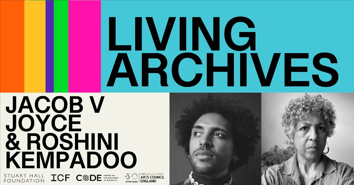 Poster promoting podcast series, 'Living Archives' episode three, with portraits of Jacob V Joyce and Roshini Kempadoo