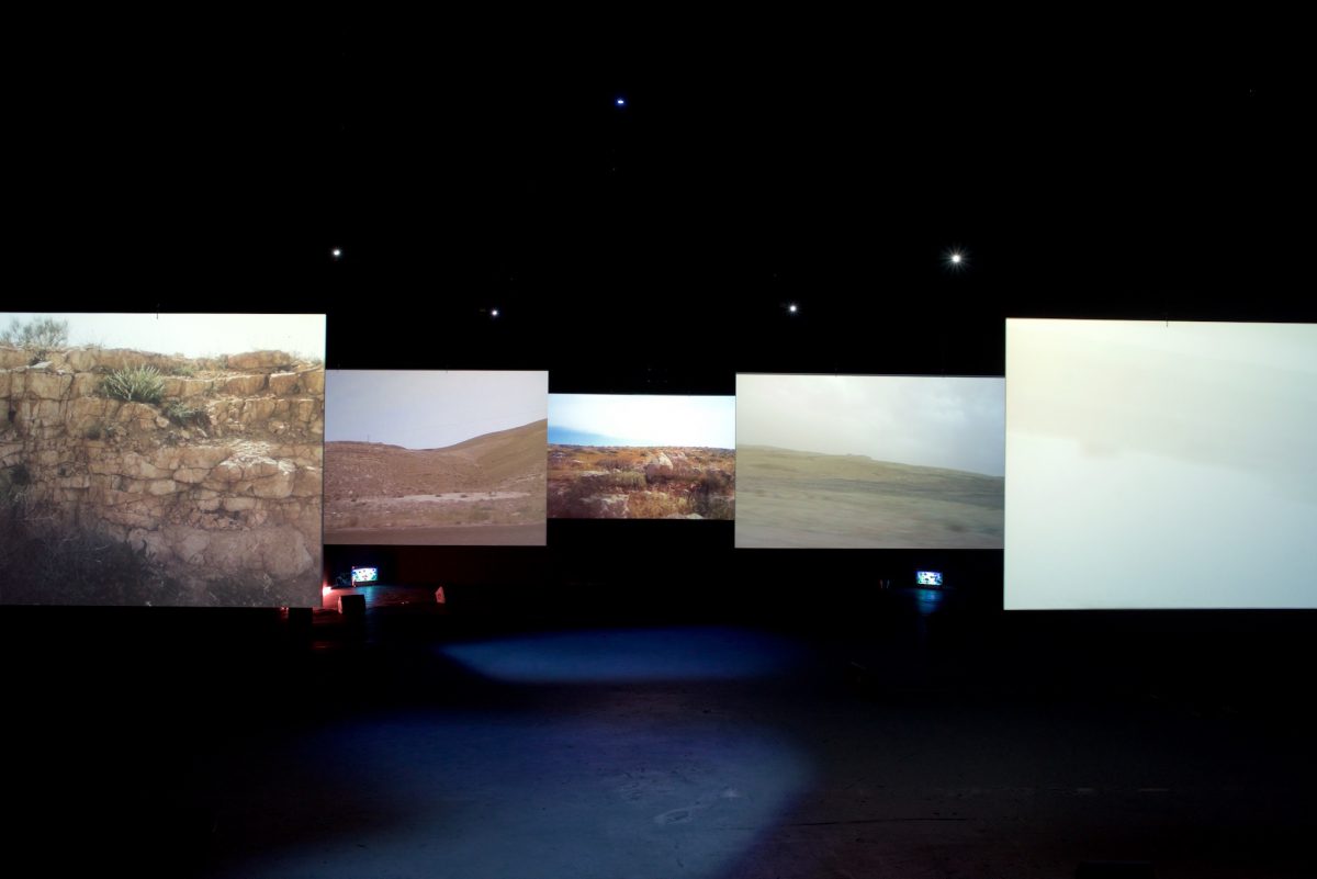 Photo of multiple projection installation work NOW by Chantal Akerman at Ambika P3, as an example of a CREAM Film and Media project.