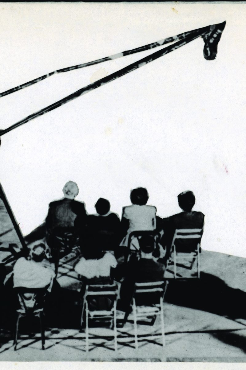 archival photograph, collage, people sitting on chairs looking forward