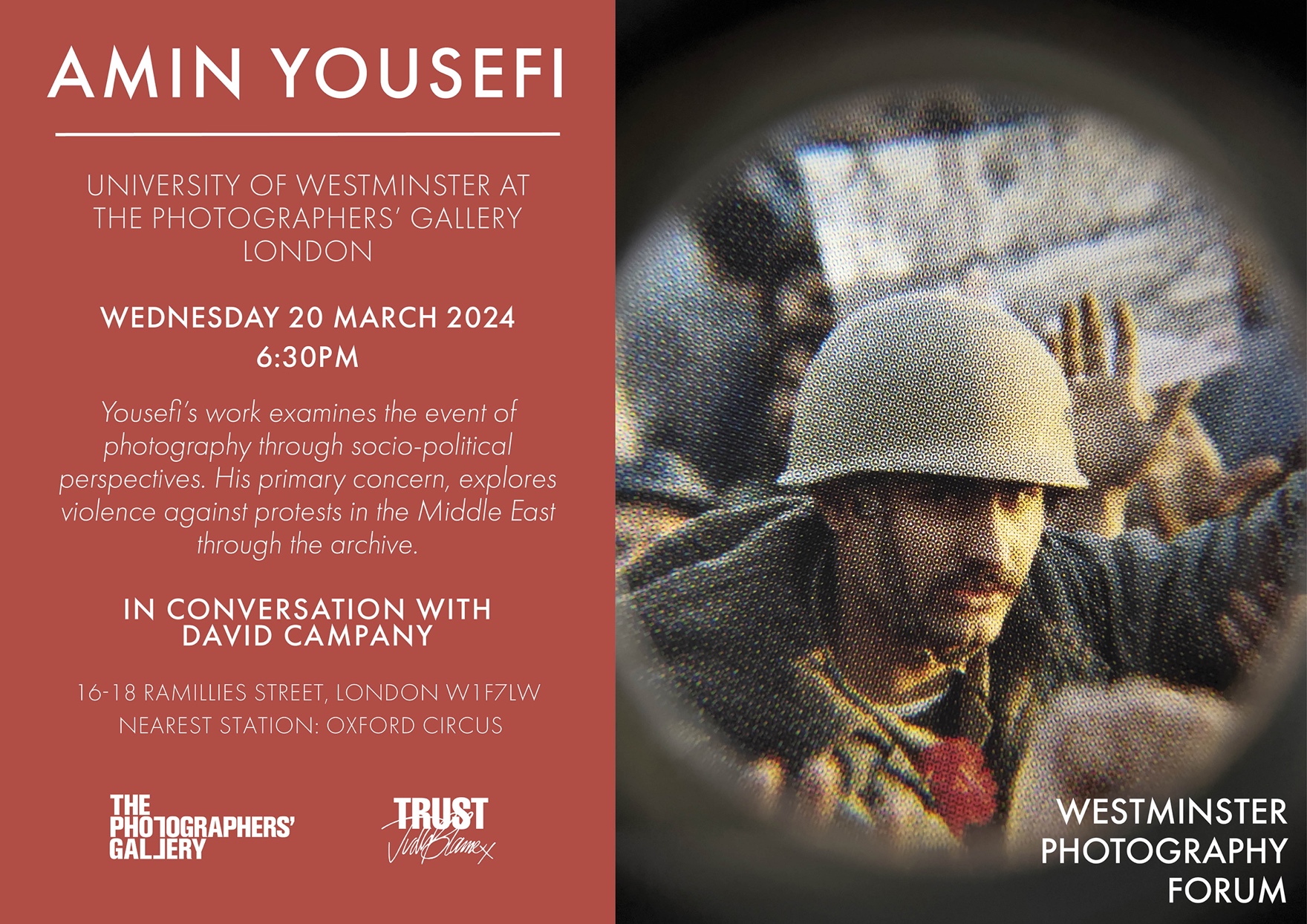 poster for Amin Yousefi talk on Wednesday 20 March 2024, 6:30pm - 7:45pm at the Photographers' Gallery London
