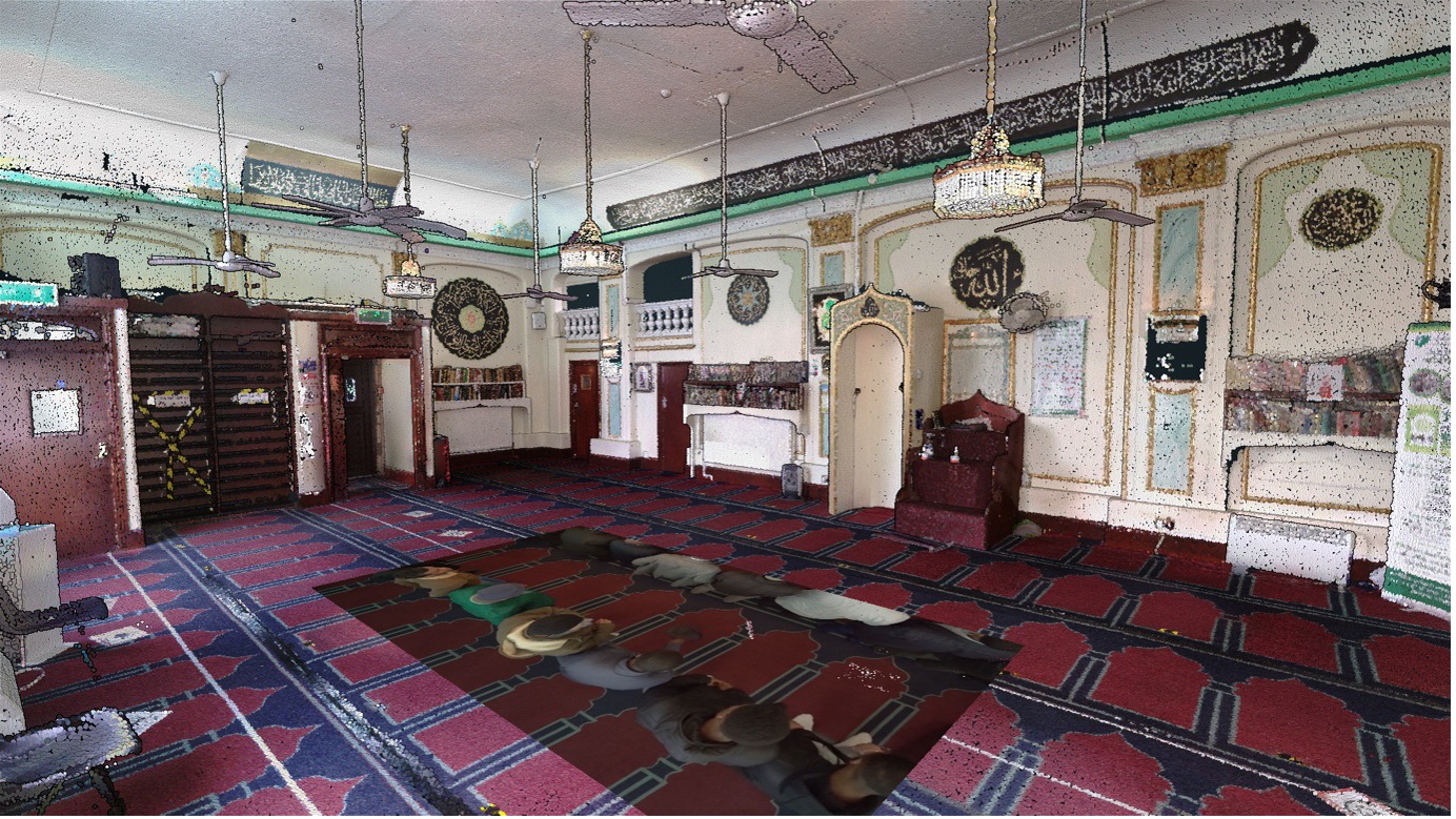 A digital image from ‘Virtual Assembly‘ by Julie Marsh featuring a 3d scanned interior model of Old Kent Road Mosque.