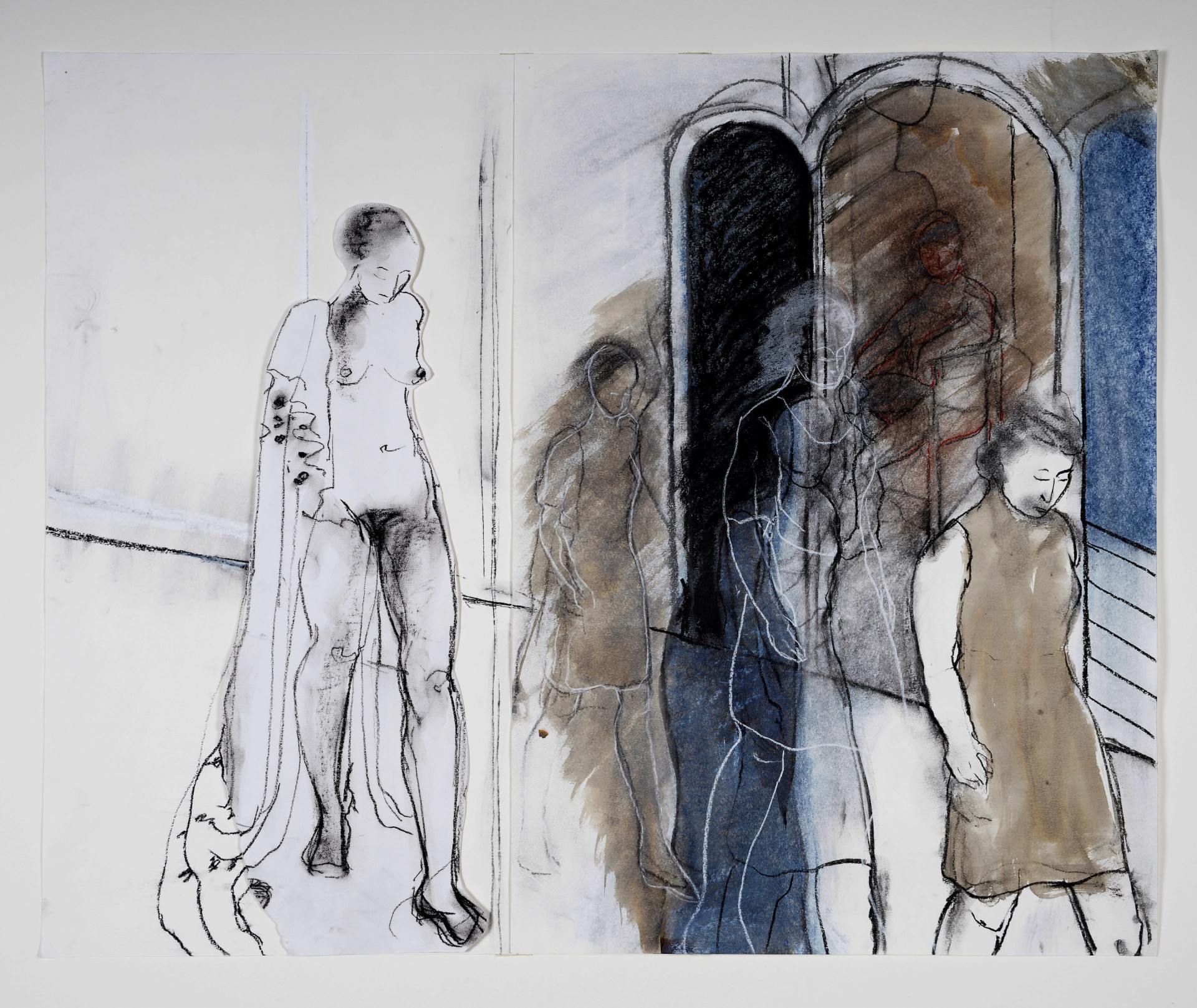 charcoal and pastel drawing on paper showing multiple figures of a woman walking, naked and in different clothes.